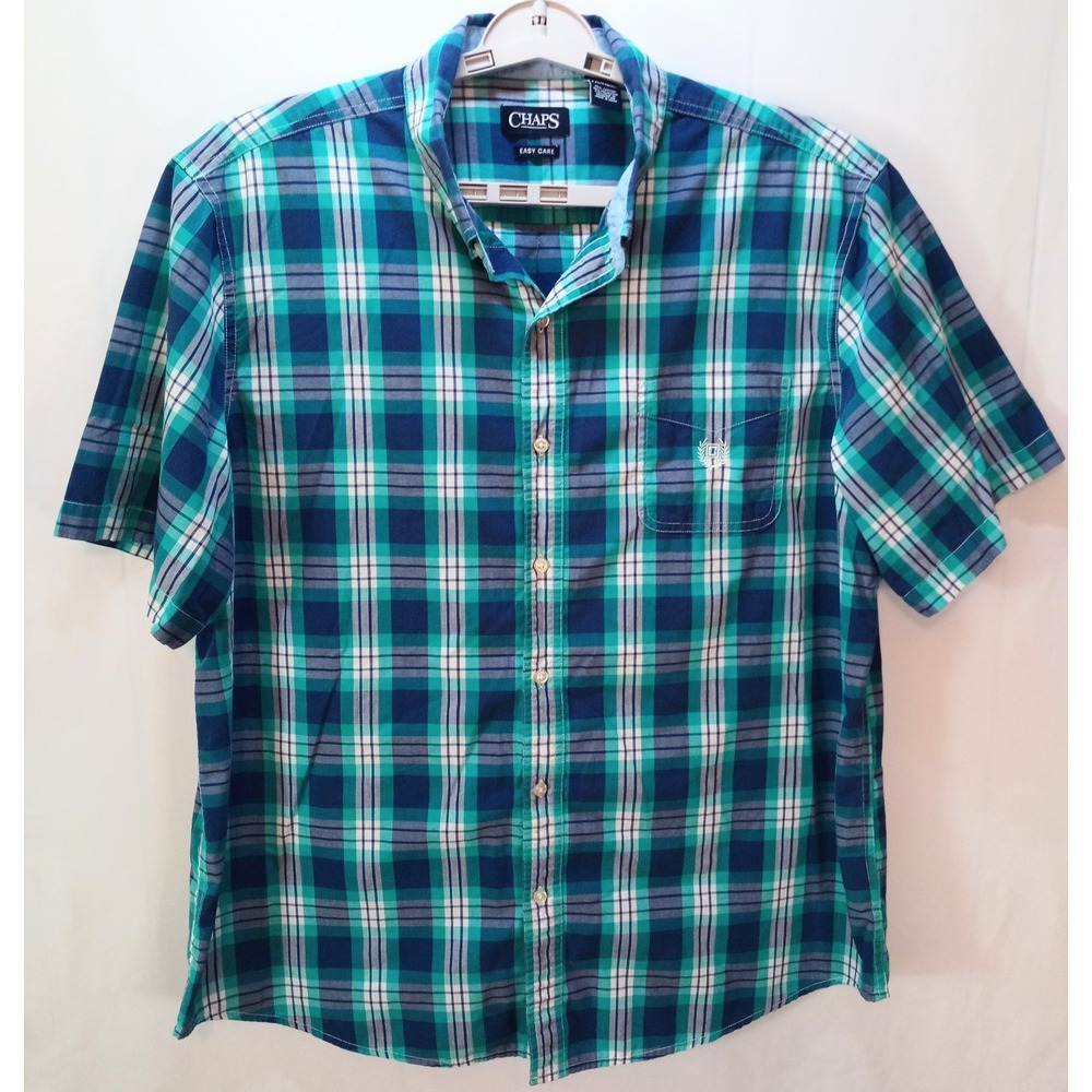Chaps Easy Care Men's Casual Button Down Shirt, XXL, Teal Plaid